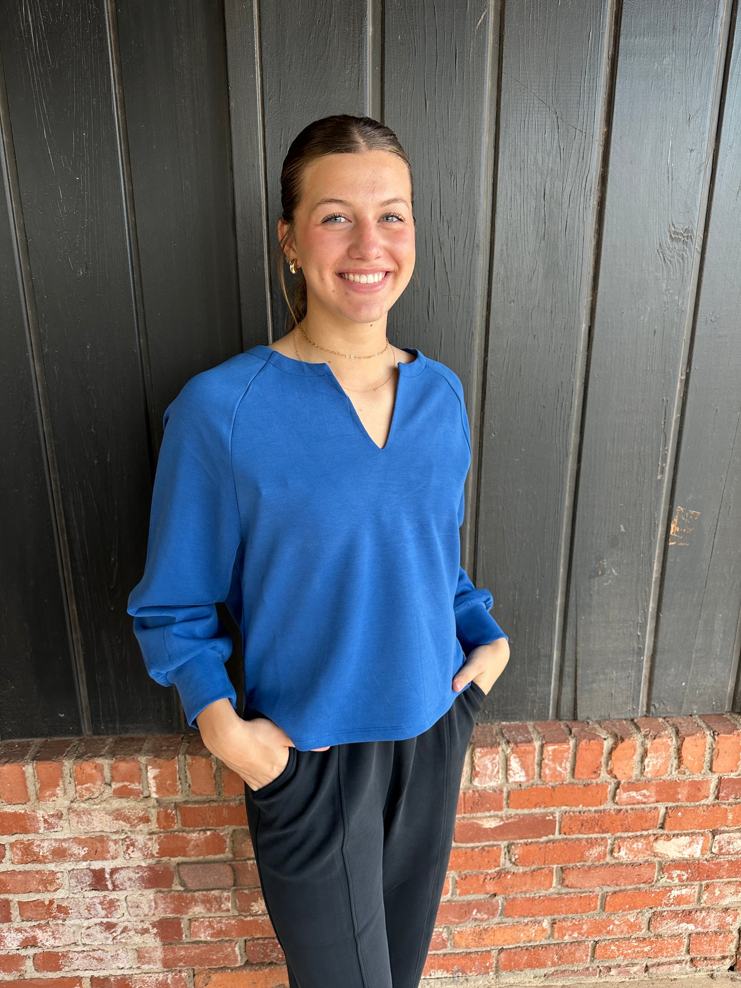 Blue Soft Split Neck Raglan Long Sleeve