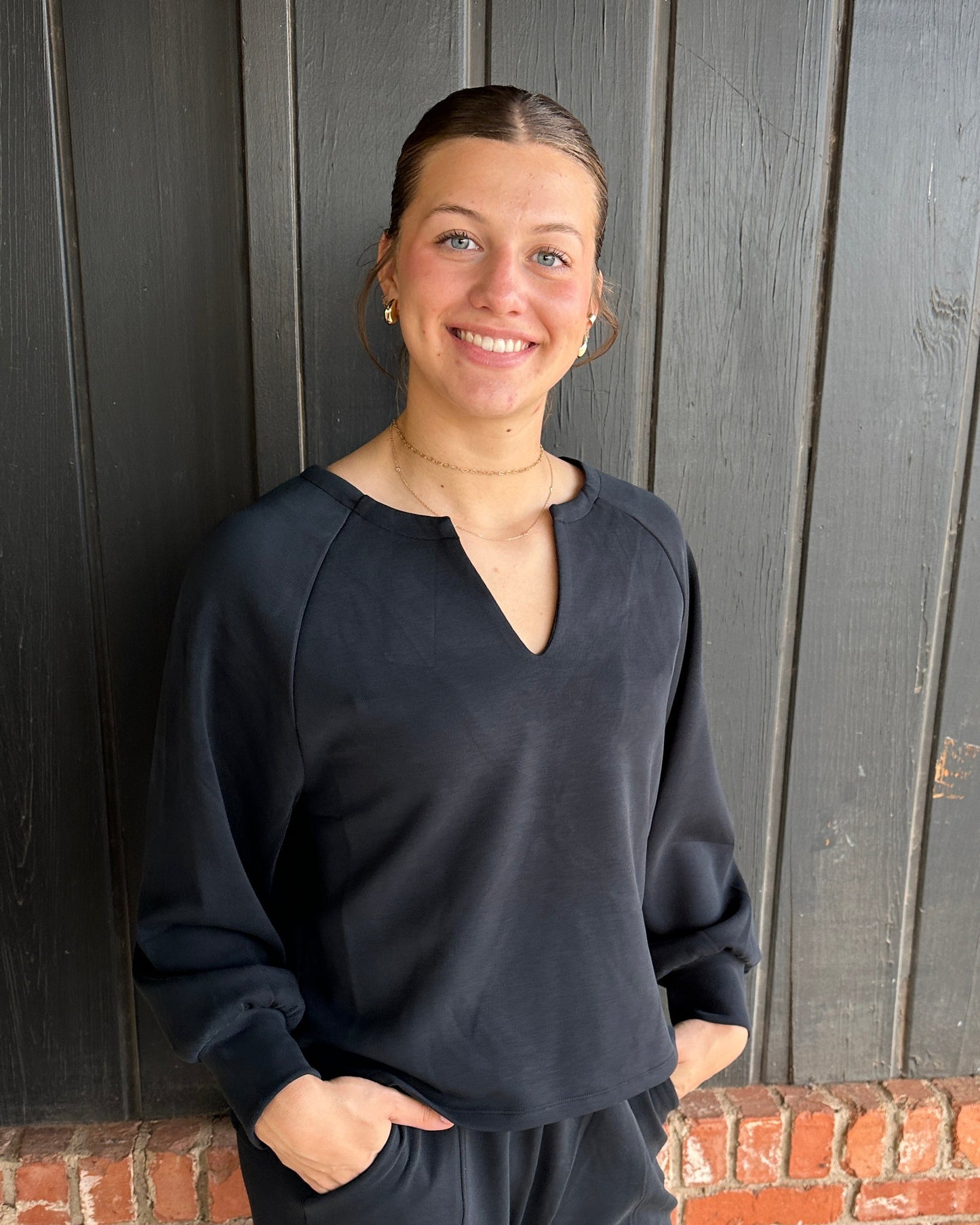 Black Soft Split Neck Raglan Long Sleeve