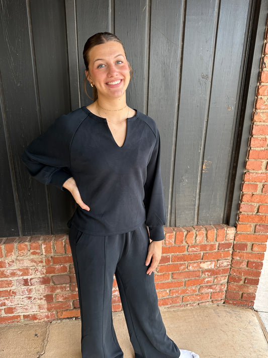 Black Soft Split Neck Raglan Long Sleeve