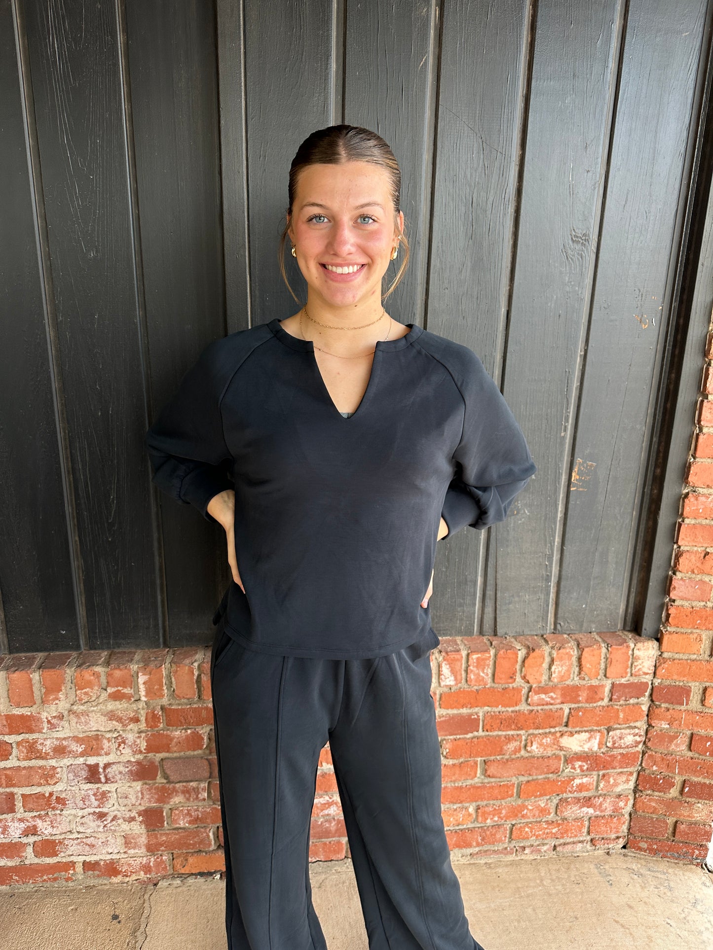 Black Soft Split Neck Raglan Long Sleeve