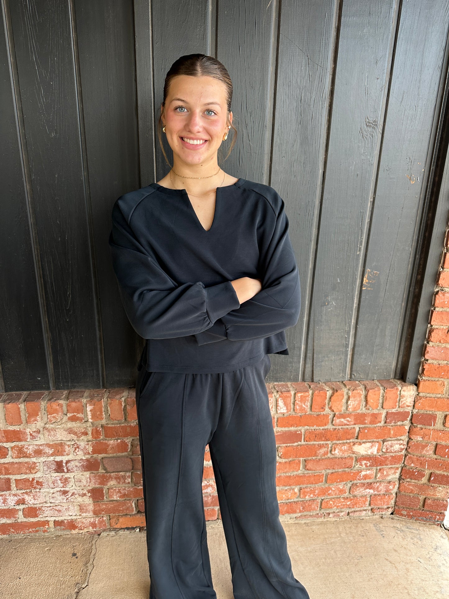 Black Soft Split Neck Raglan Long Sleeve