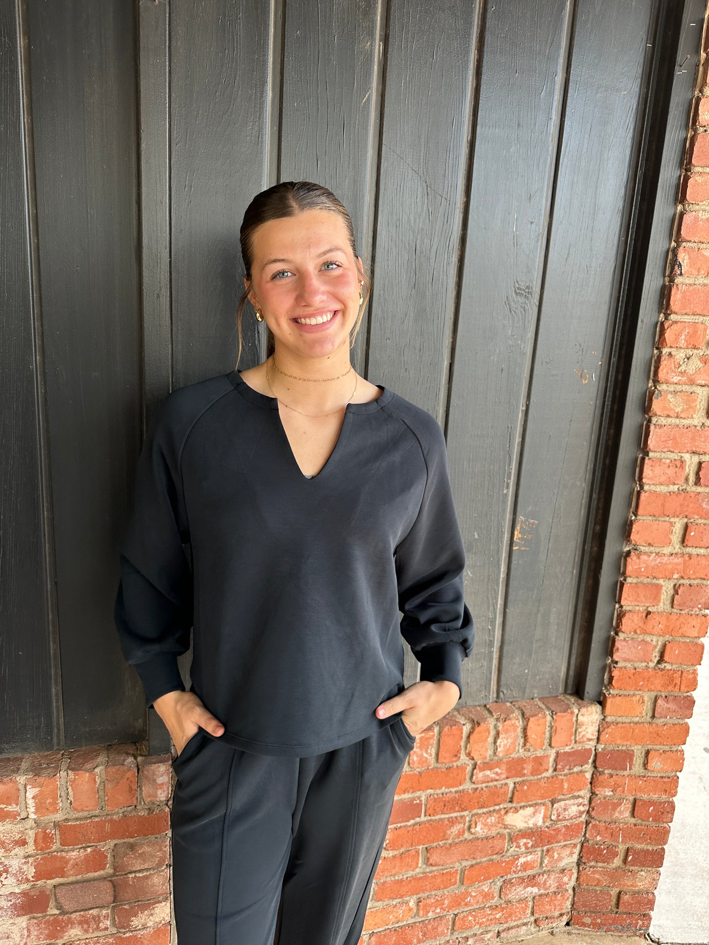 Black Soft Split Neck Raglan Long Sleeve