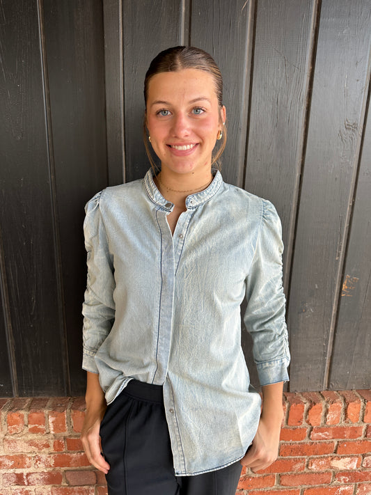 Shirring Sleeve Washed Button Down Denim Blouse