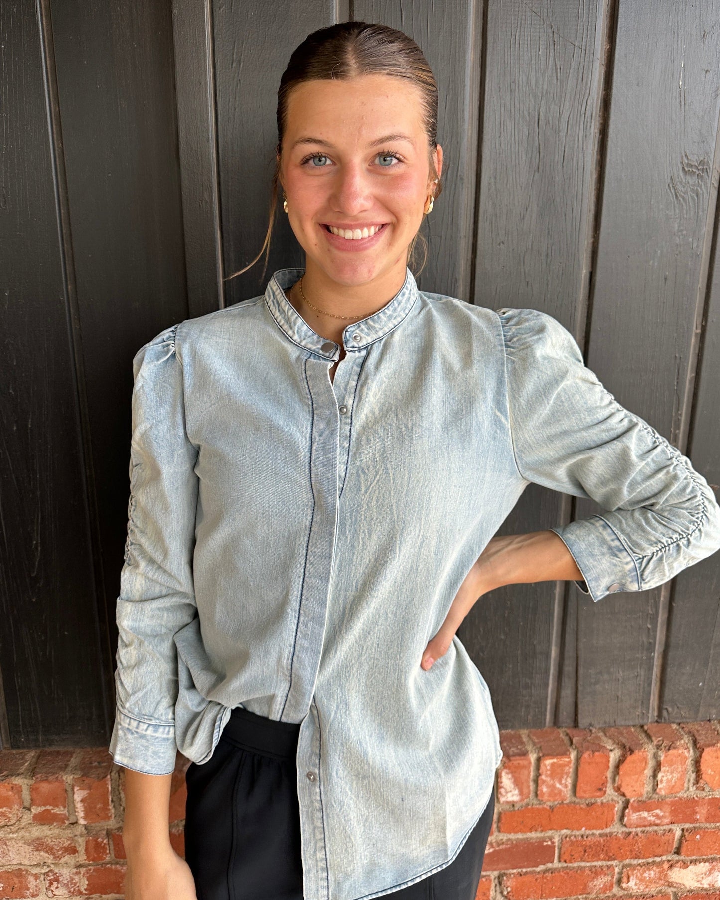 Shirring Sleeve Washed Button Down Denim Blouse