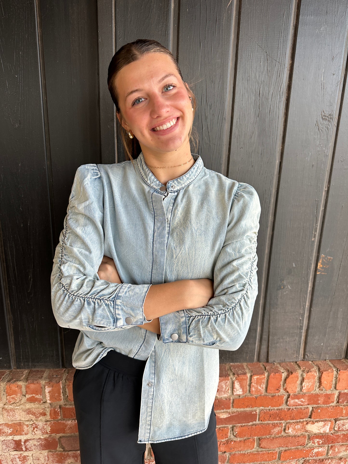 Shirring Sleeve Washed Button Down Denim Blouse