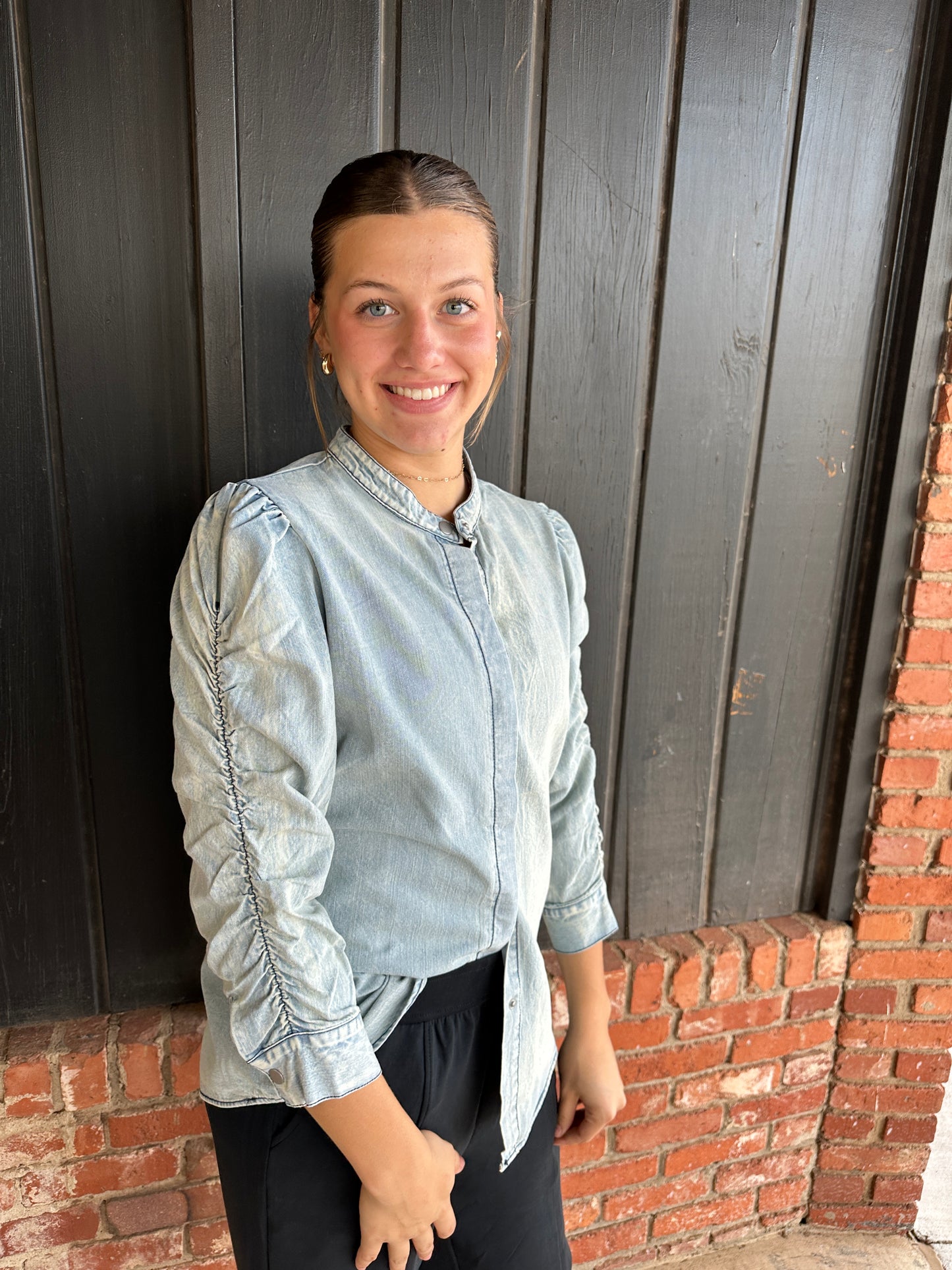 Shirring Sleeve Washed Button Down Denim Blouse