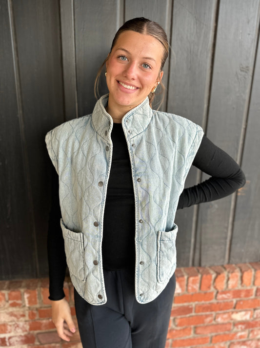 Washed Denim Quilted Shawl Vest