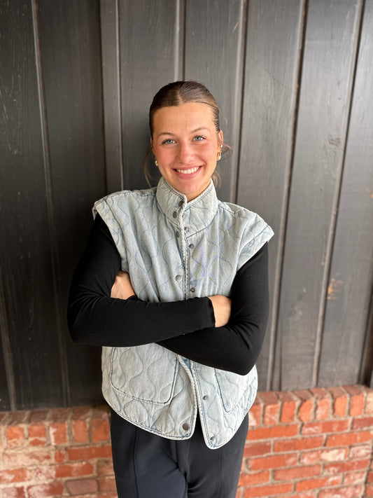 Washed Denim Quilted Shawl Vest
