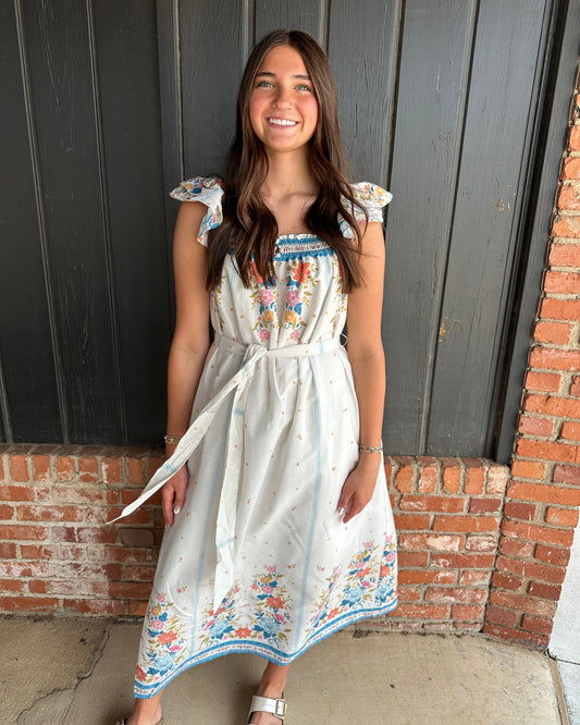 Border Print Ruffle Shoulder Strap Maxi Dress