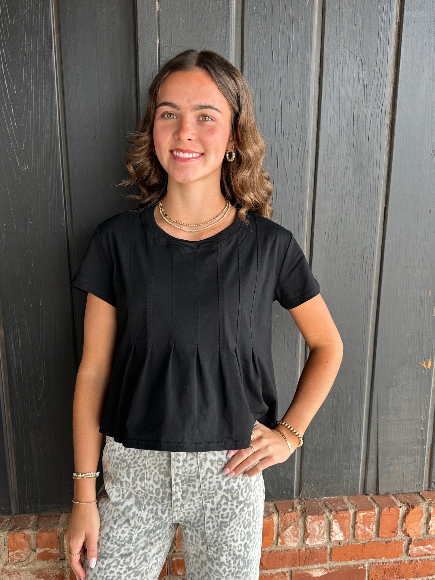 Black Pleated Swing Tee Top