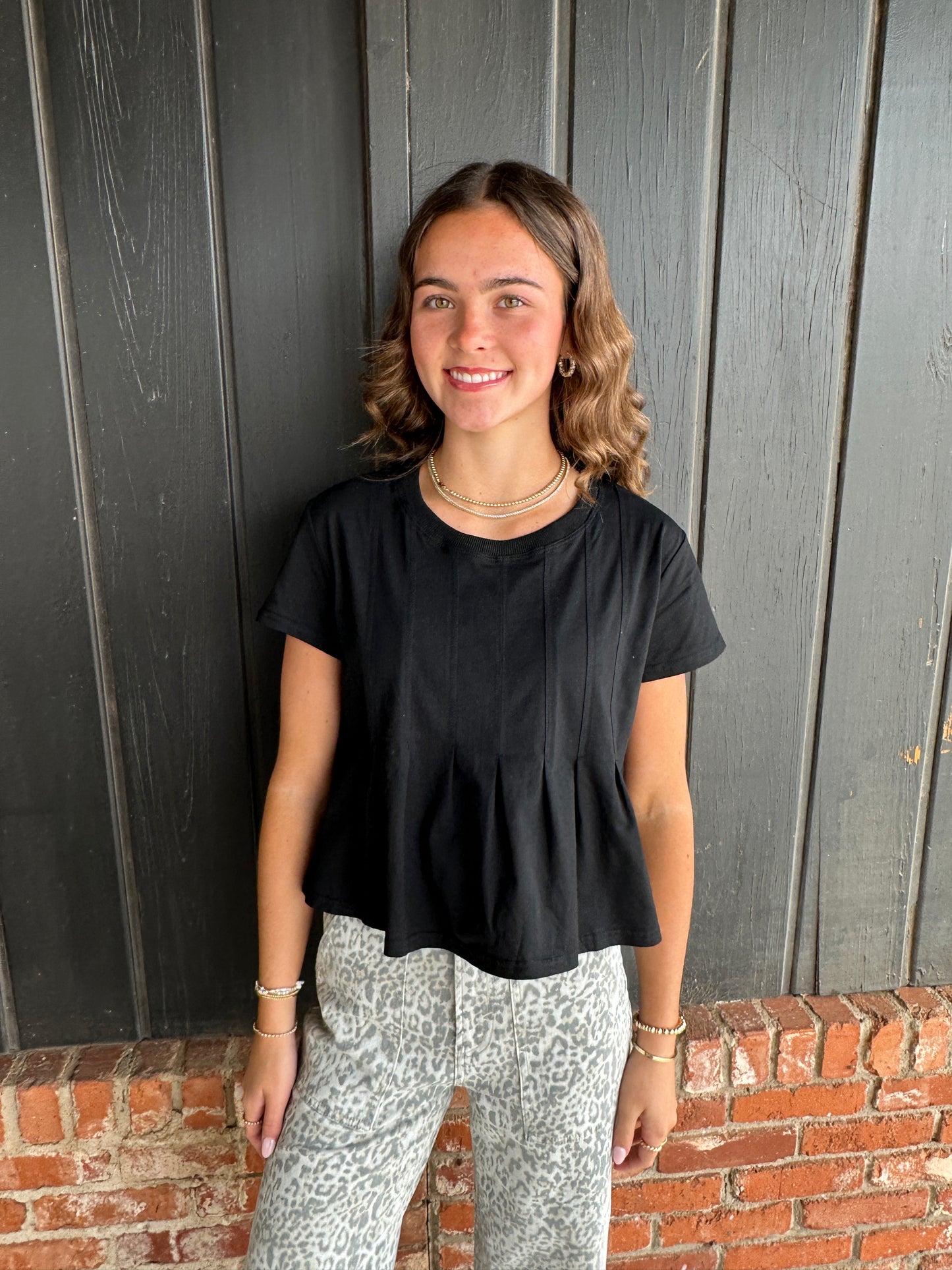 Black Pleated Swing Tee Top