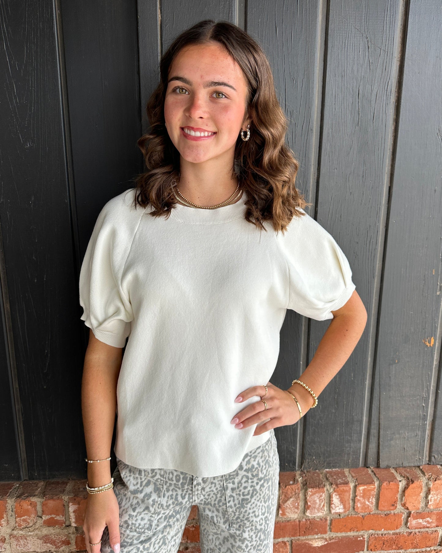 Ivory Cotton Sweater with Puff Sleeves