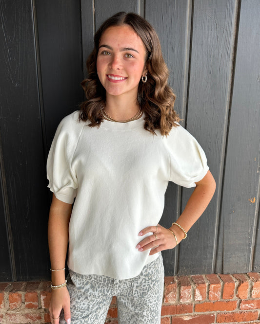 Ivory Cotton Sweater with Puff Sleeves