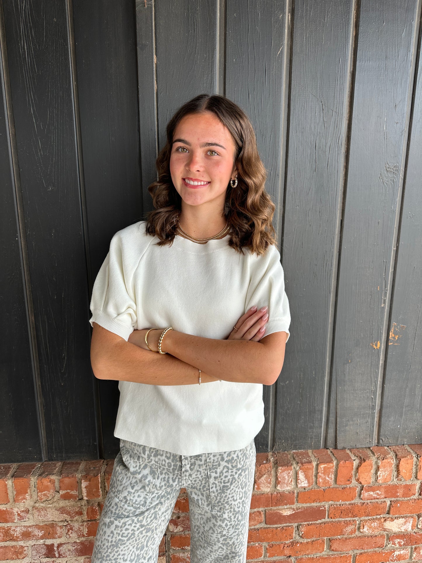 Ivory Cotton Sweater with Puff Sleeves