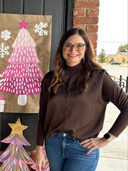 Mocha Mock Neck Satin Combo Top