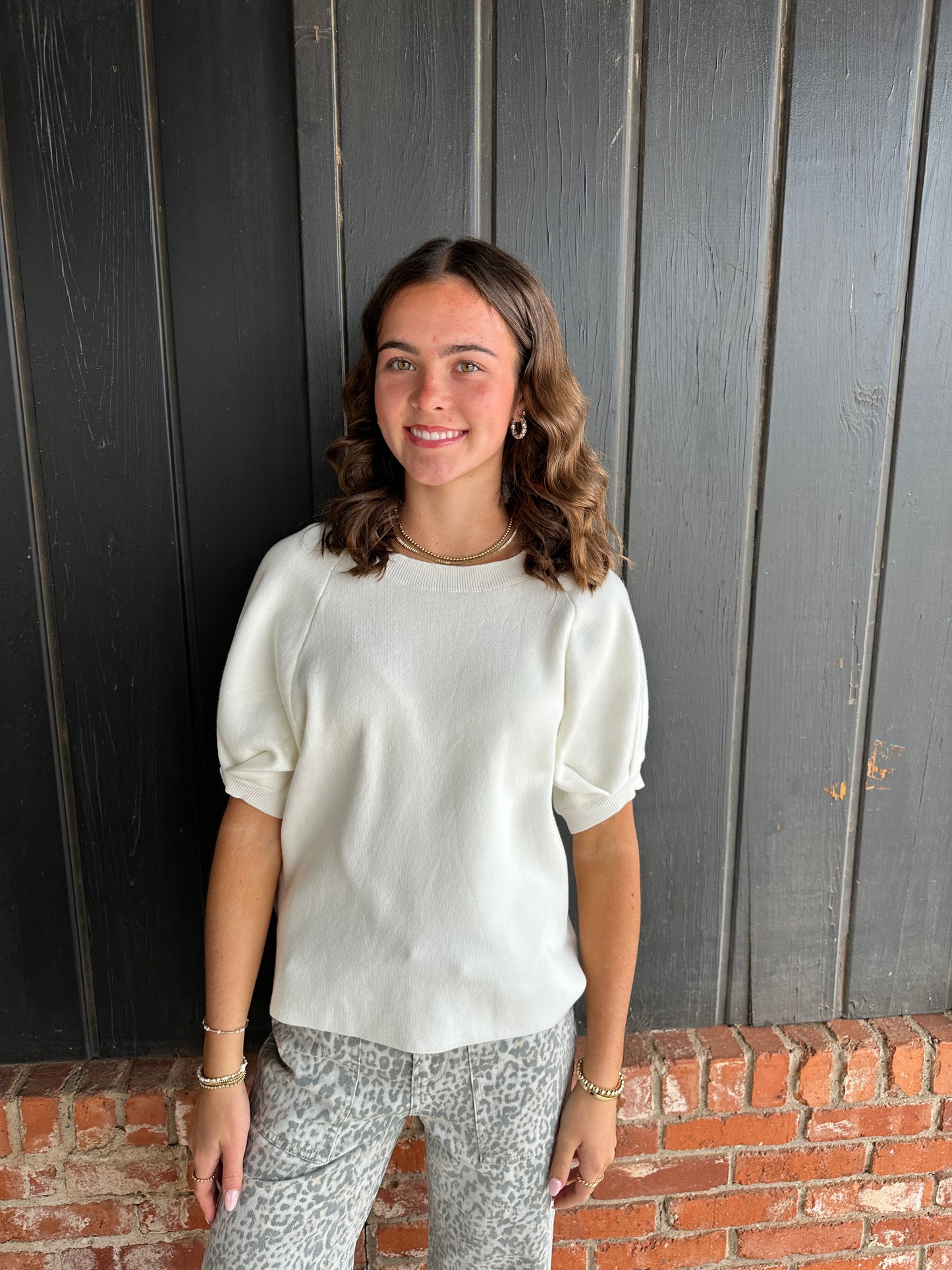 Ivory Cotton Sweater with Puff Sleeves