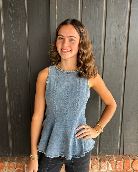 Mineral Wash Denim Peplum Top
