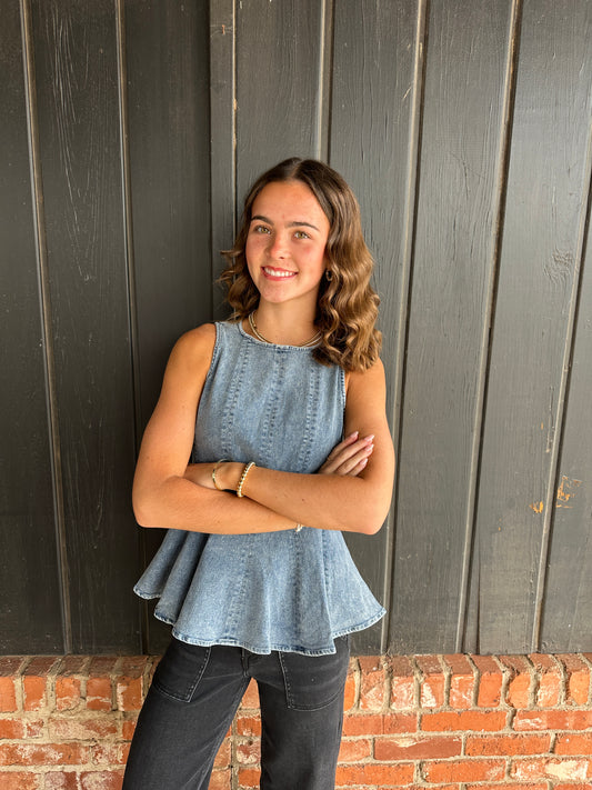 Mineral Wash Denim Peplum Top