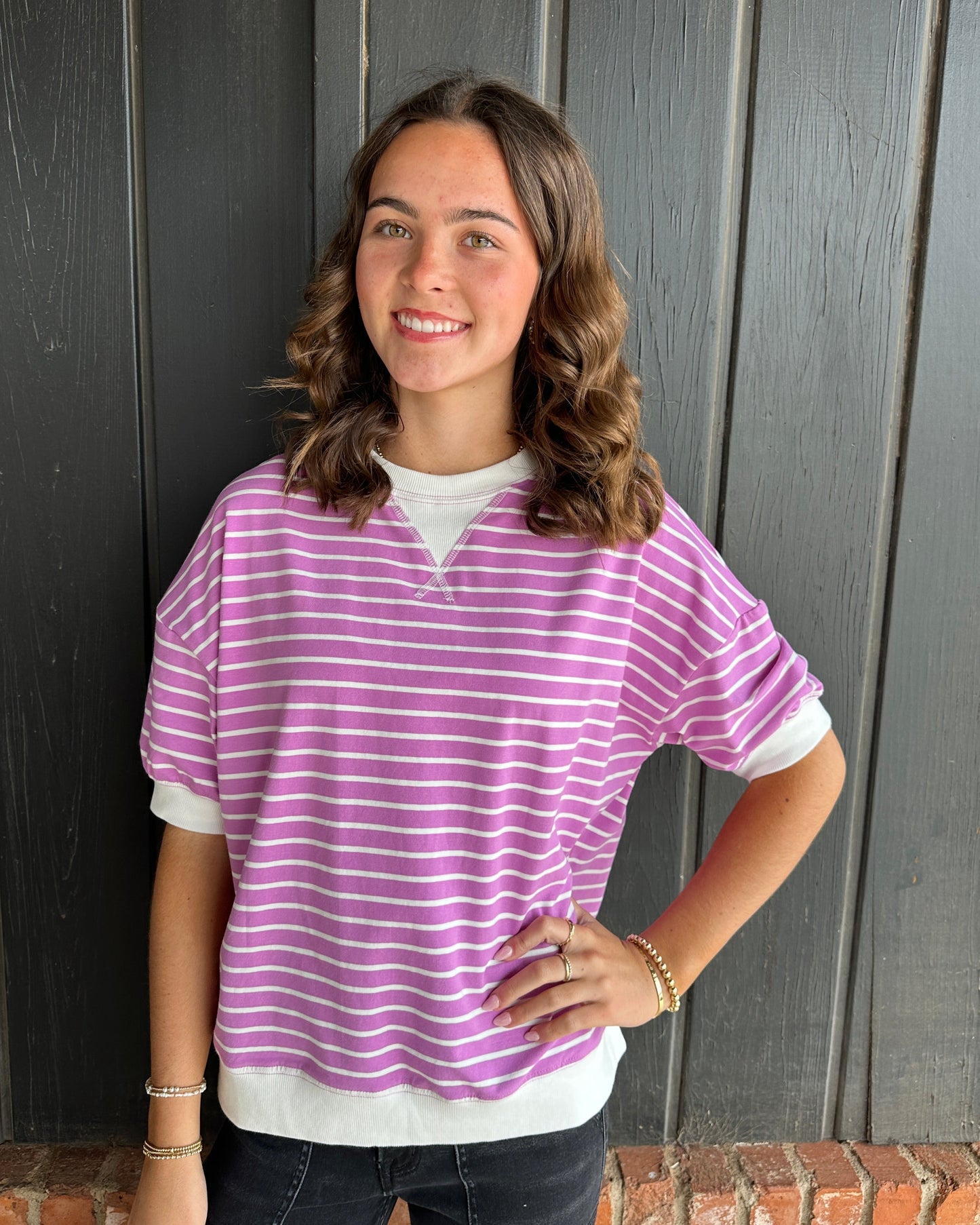 Bright Mauve Striped Banded Tee
