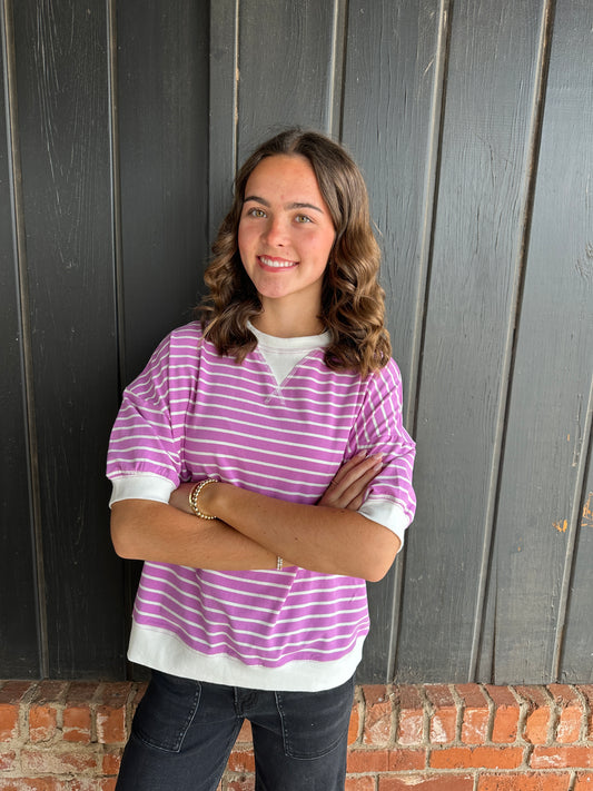 Bright Mauve Striped Banded Tee