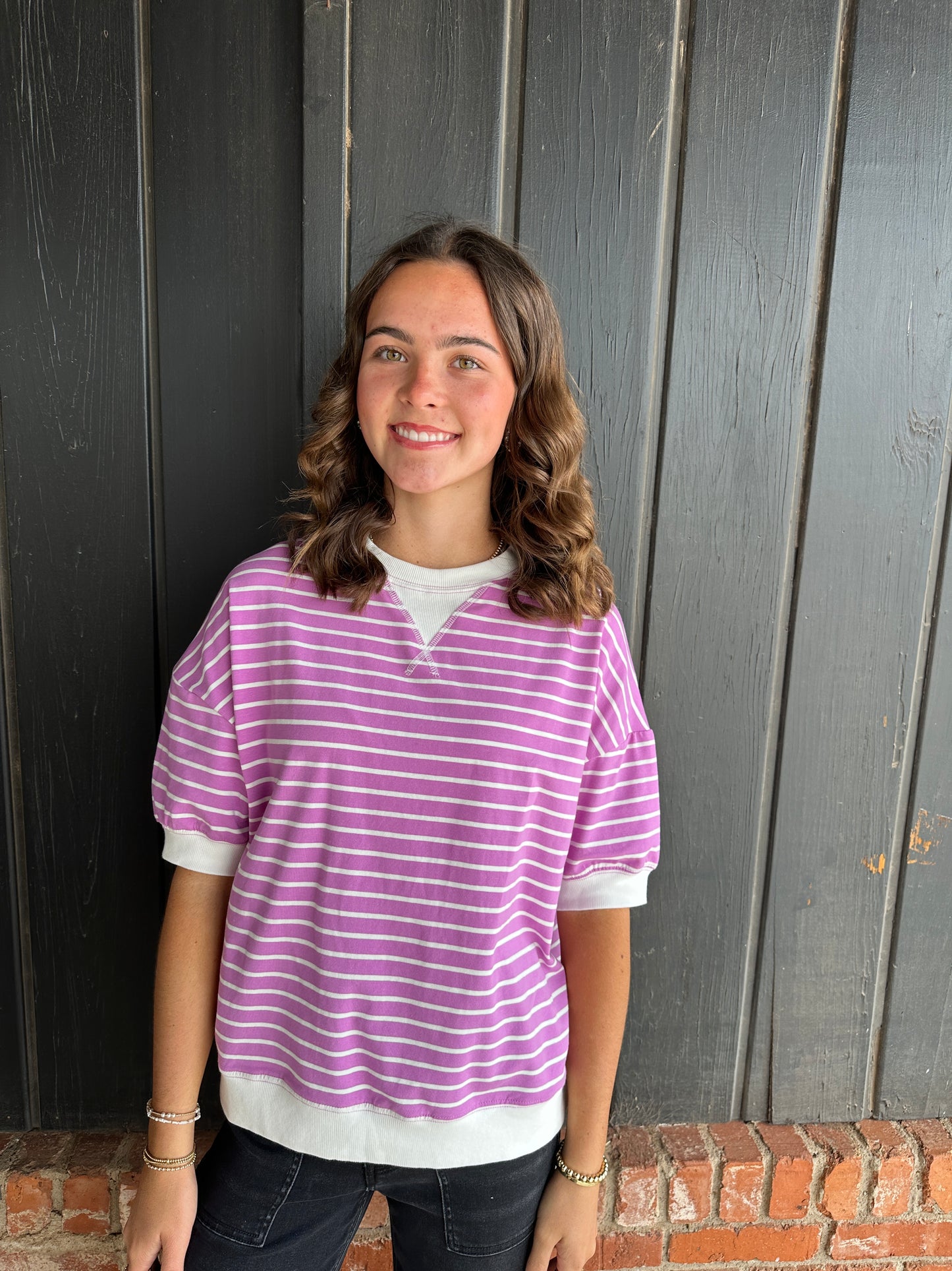 Bright Mauve Striped Banded Tee
