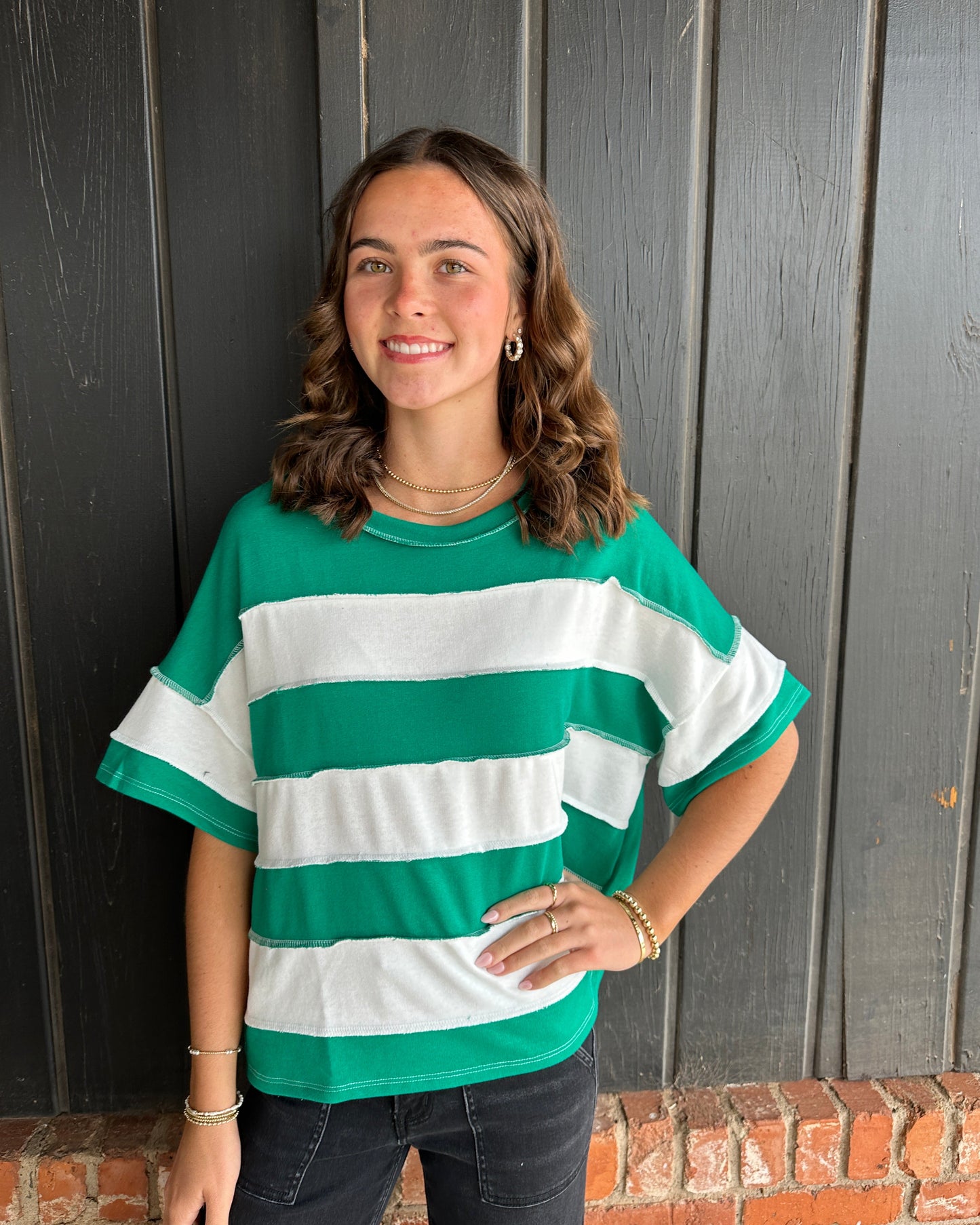 Green Striped Exposed Seam Top
