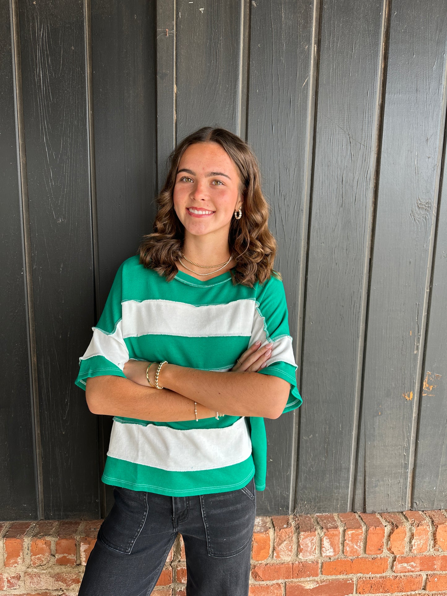 Green Striped Exposed Seam Top