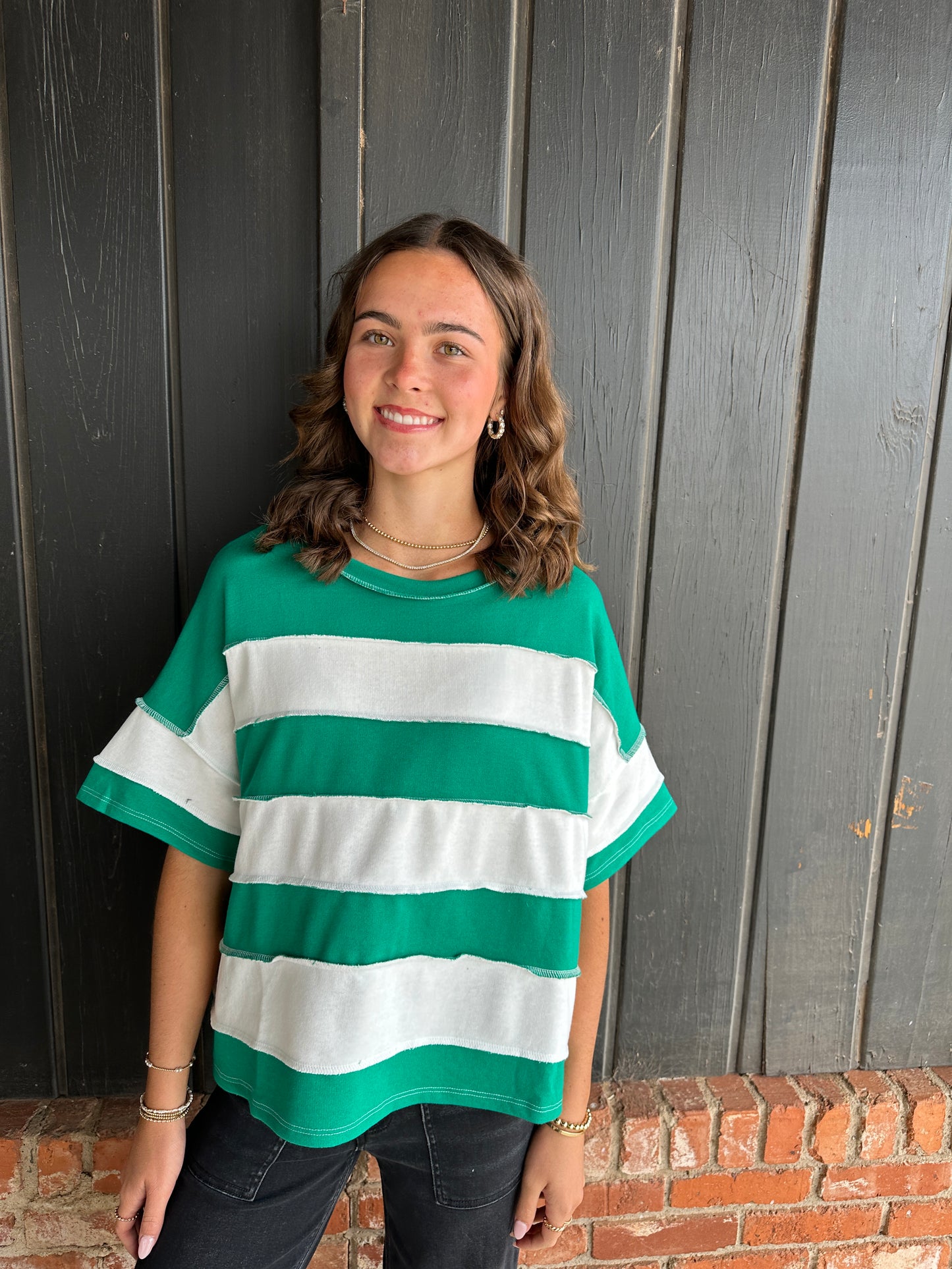 Green Striped Exposed Seam Top