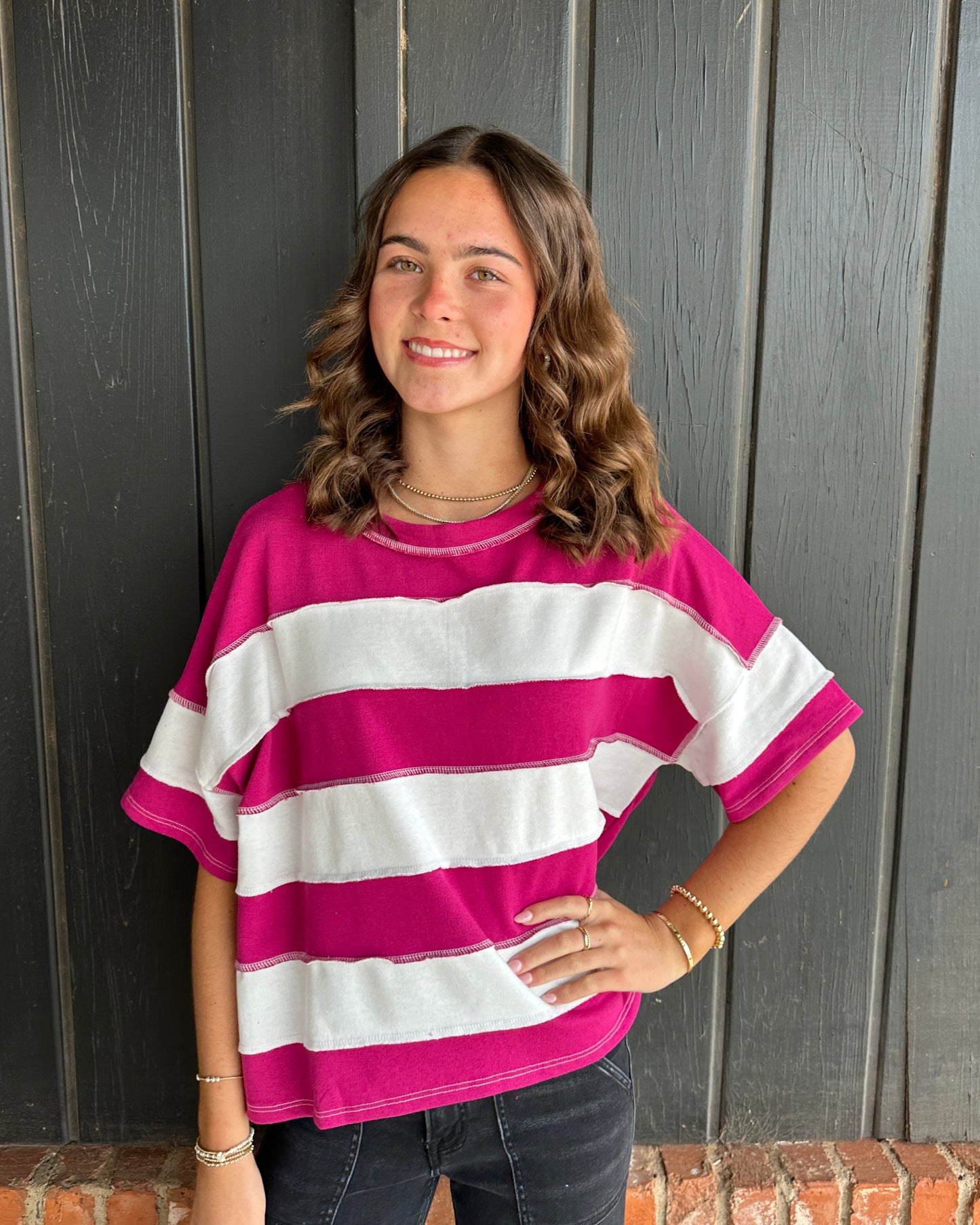 Magenta Striped Exposed Seam Top
