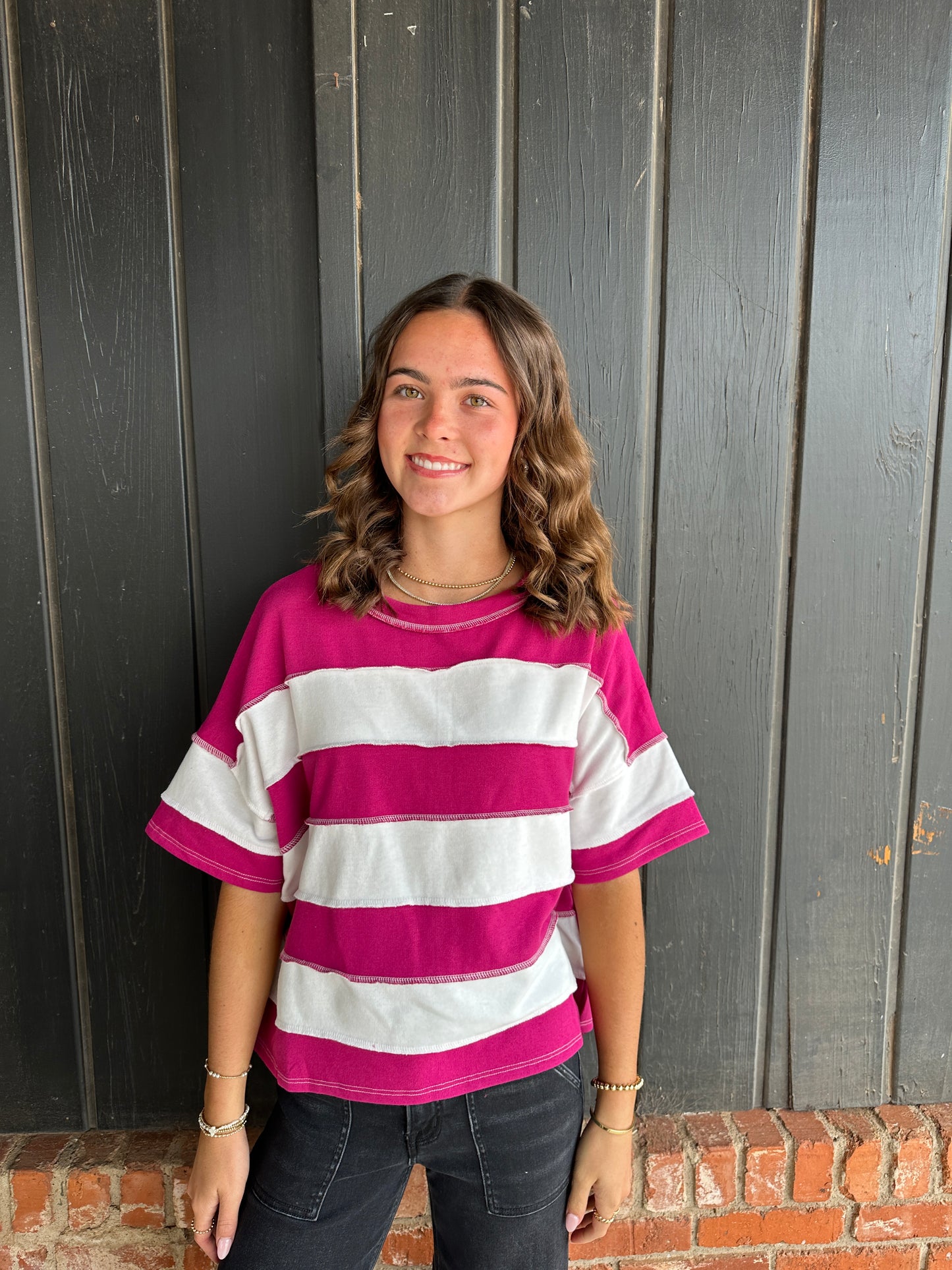 Magenta Striped Exposed Seam Top