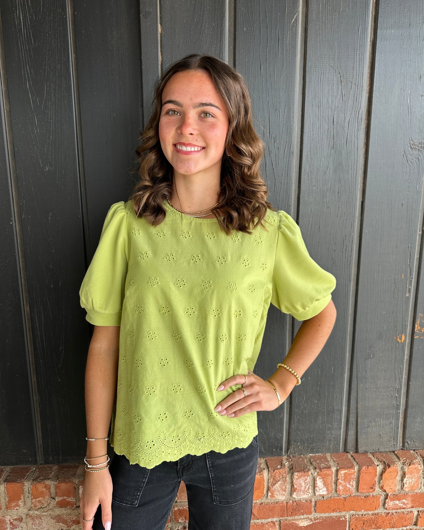 Green Joyful Terry Eyelet Top