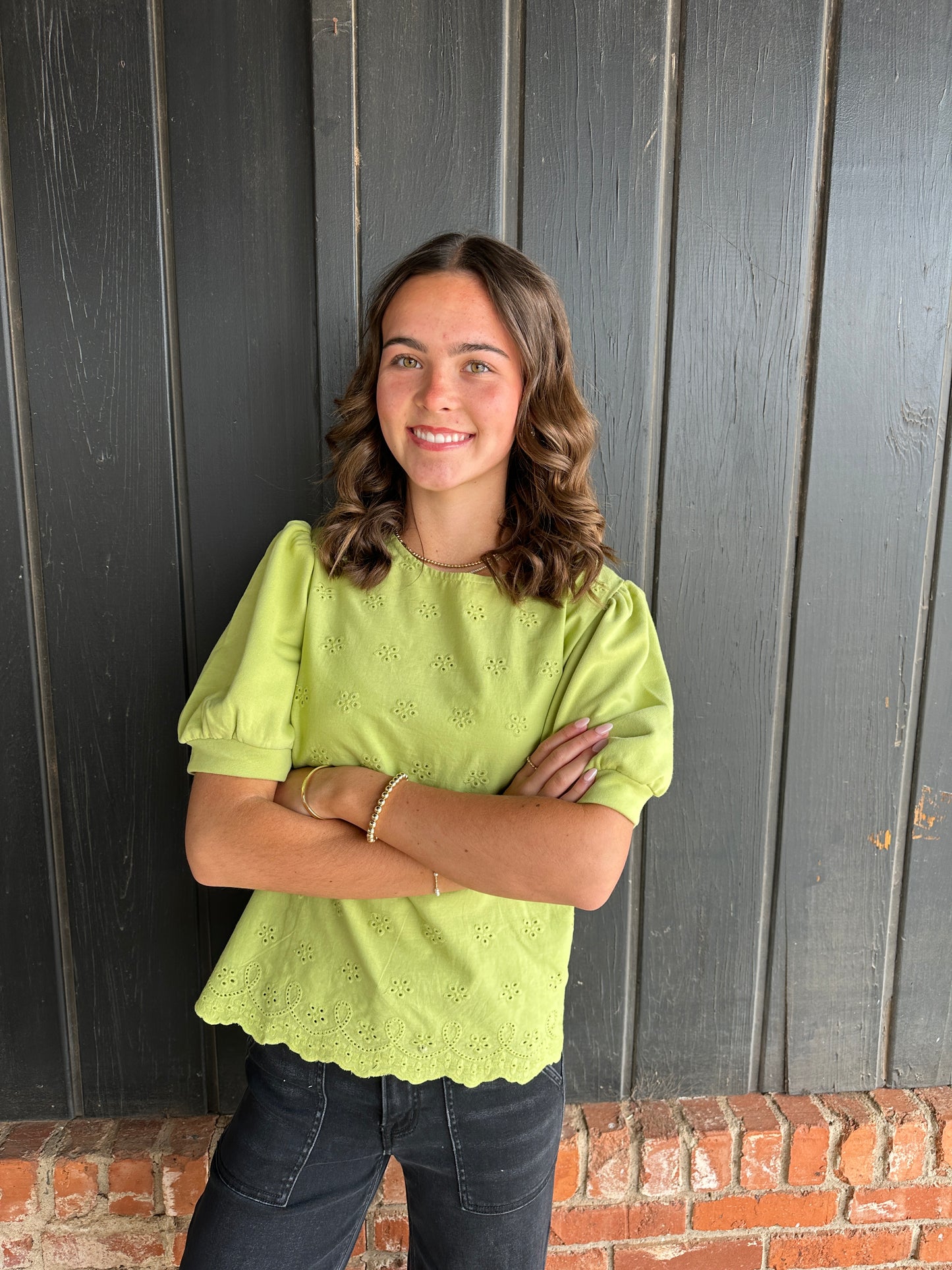 Green Joyful Terry Eyelet Top