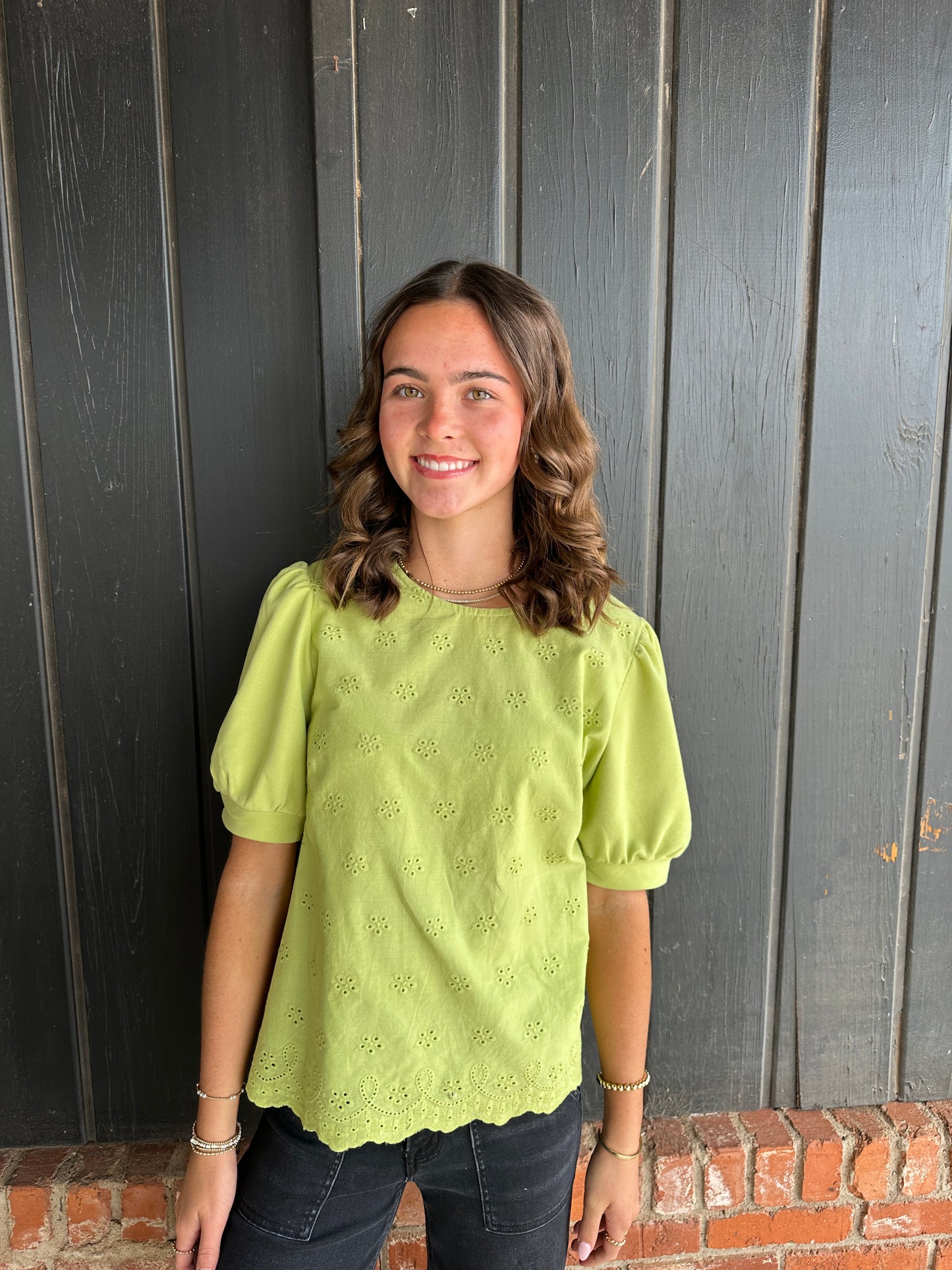 Green Joyful Terry Eyelet Top