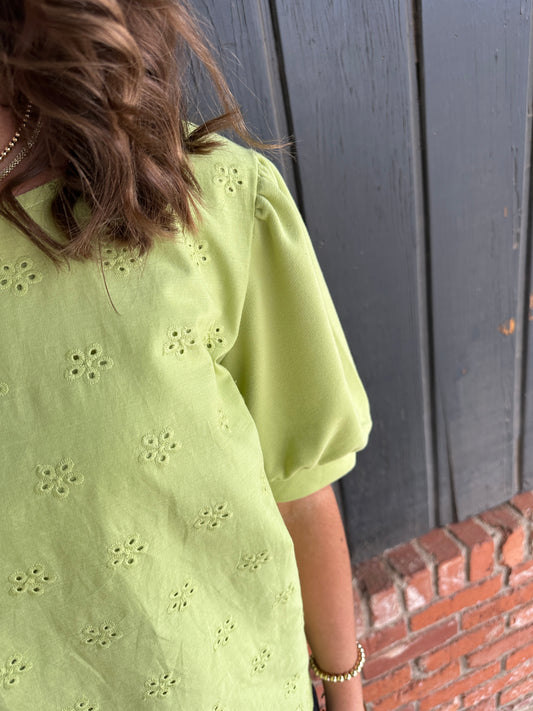 Green Joyful Terry Eyelet Top