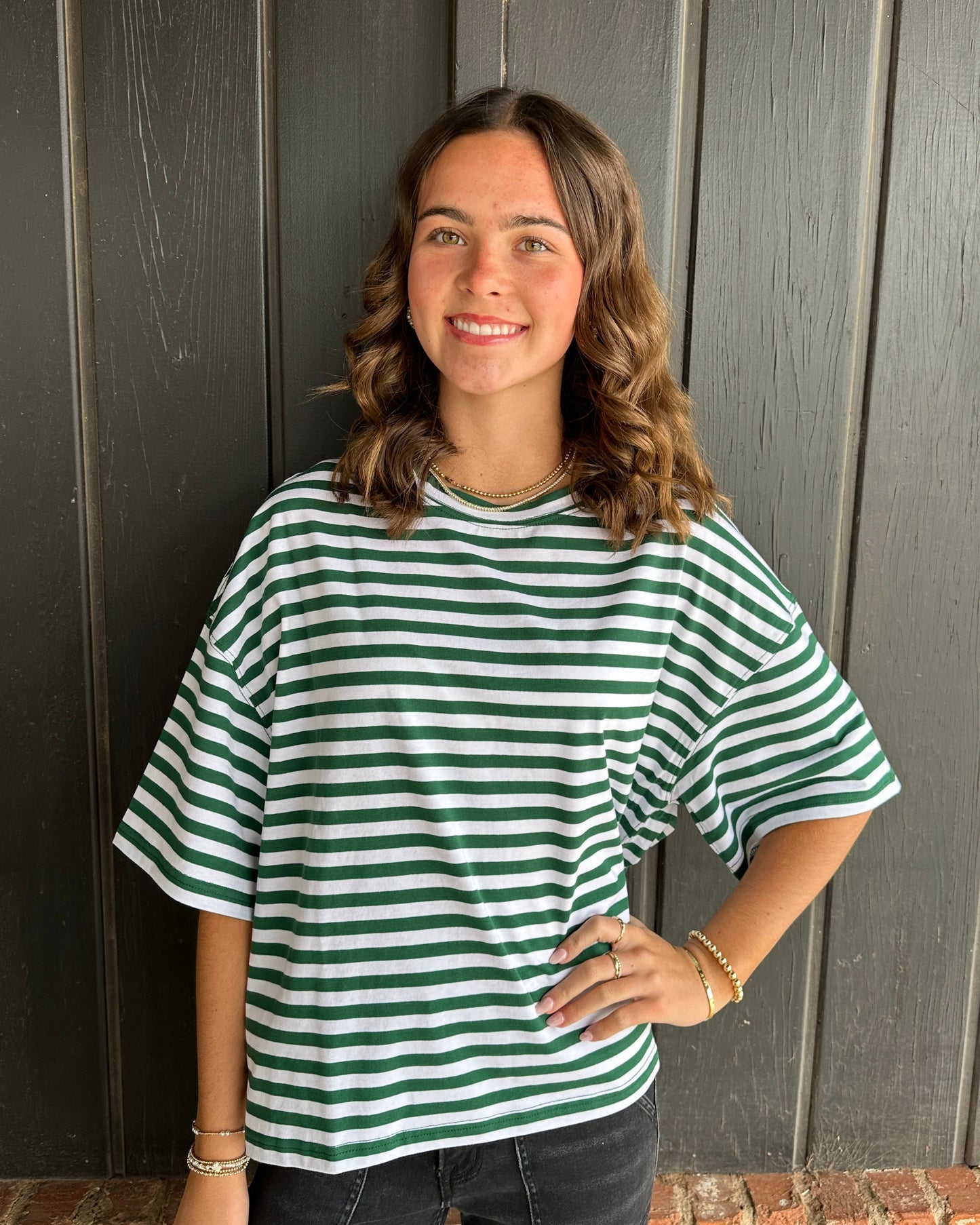Green Oversized Stripe Boyfriend Tee