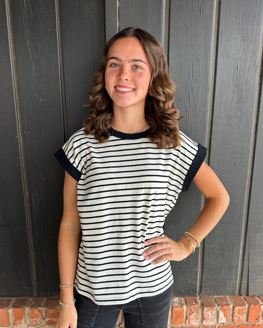 Black and Cream Stripe Cap Sleeve Top