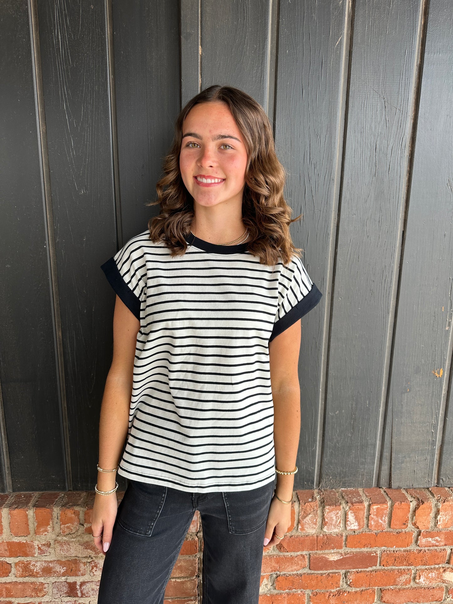 Black and Cream Stripe Cap Sleeve Top