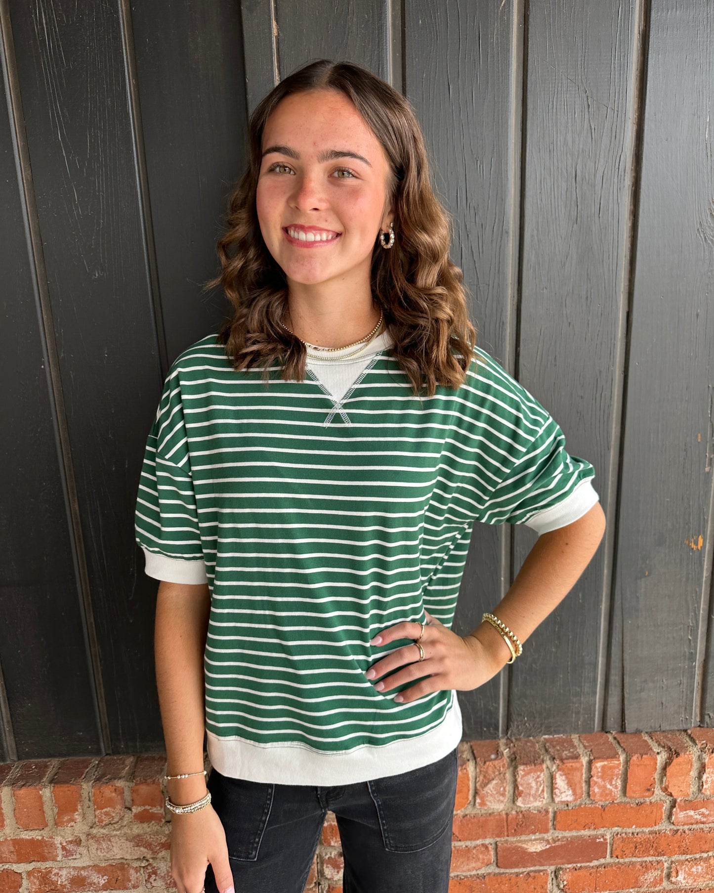 Hunter Green Striped Banded Tee