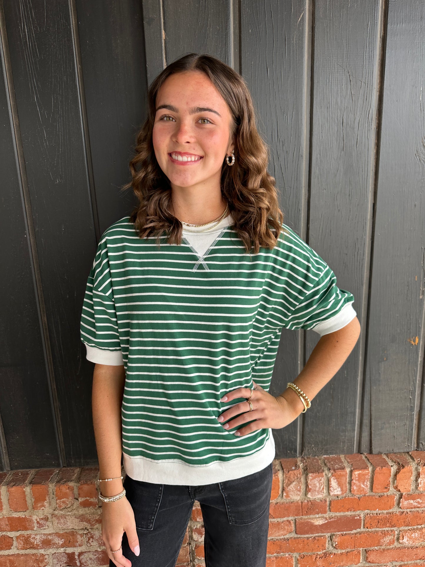 Hunter Green Striped Banded Tee