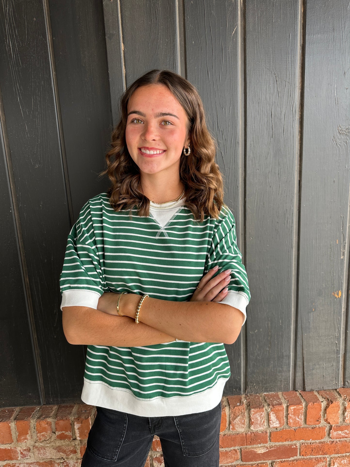 Hunter Green Striped Banded Tee