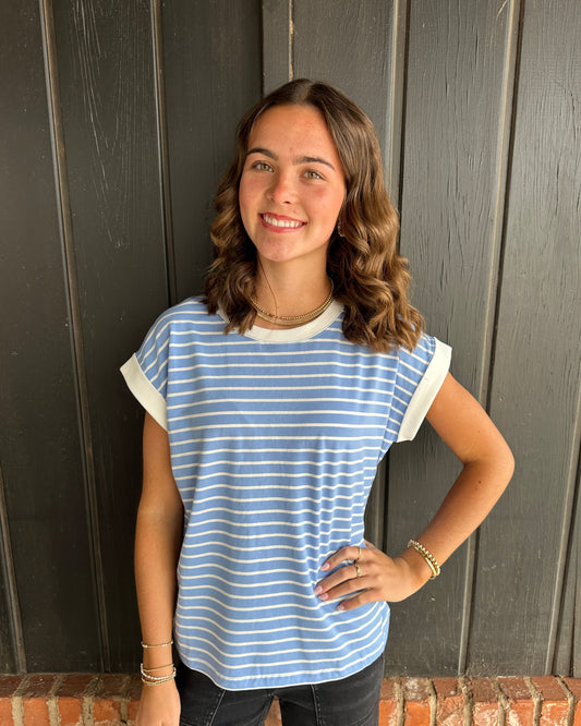 Cornflower Blue Cap Sleeve Stripe Tee