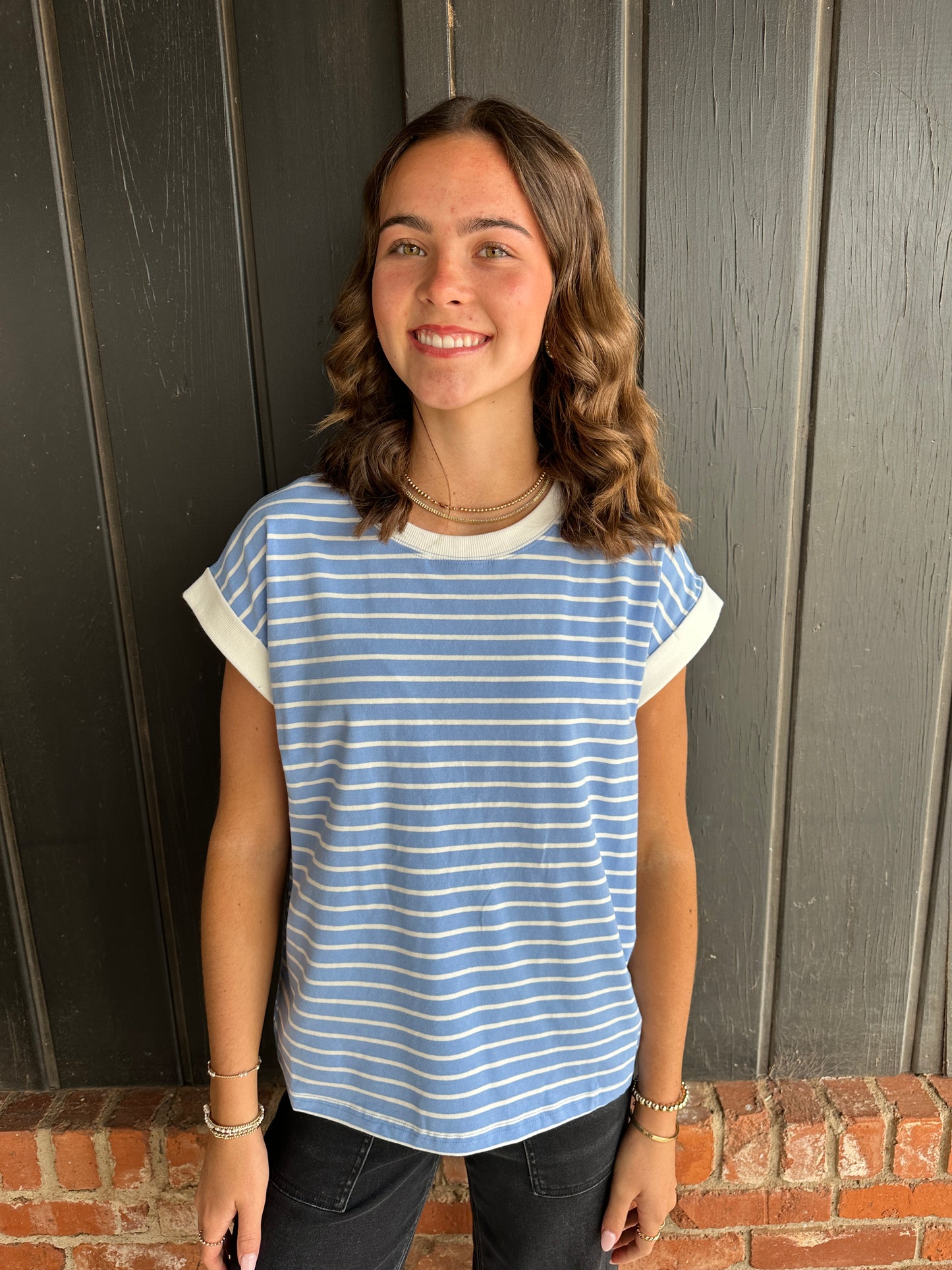 Cornflower Blue Cap Sleeve Stripe Tee