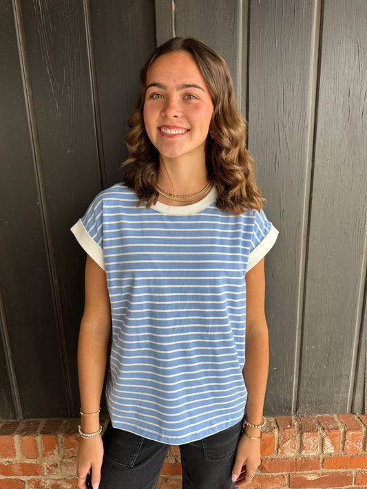 Cornflower Blue Cap Sleeve Stripe Tee