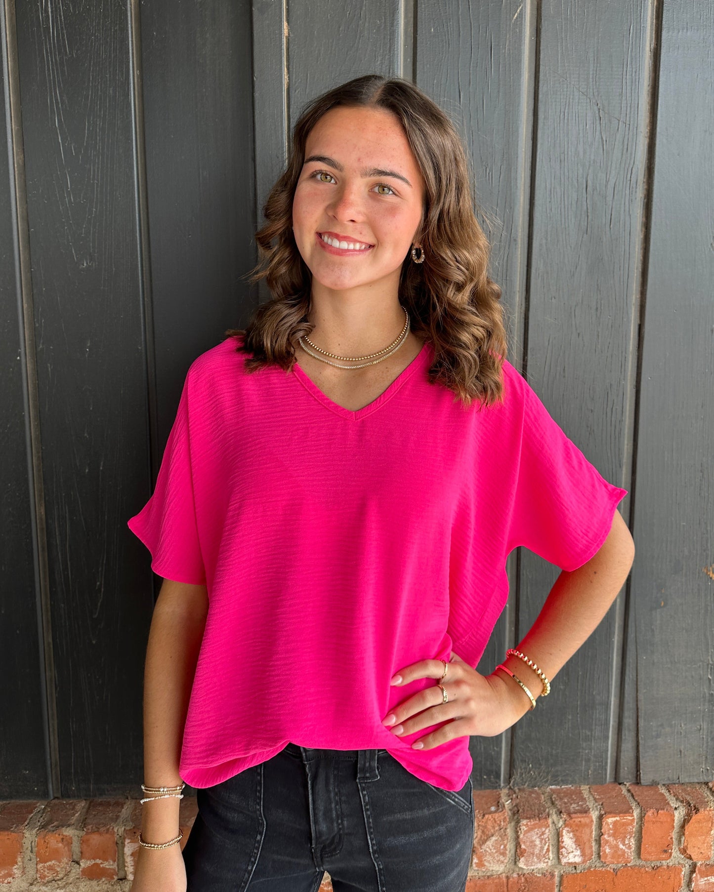 Hot Pink V Neck Top