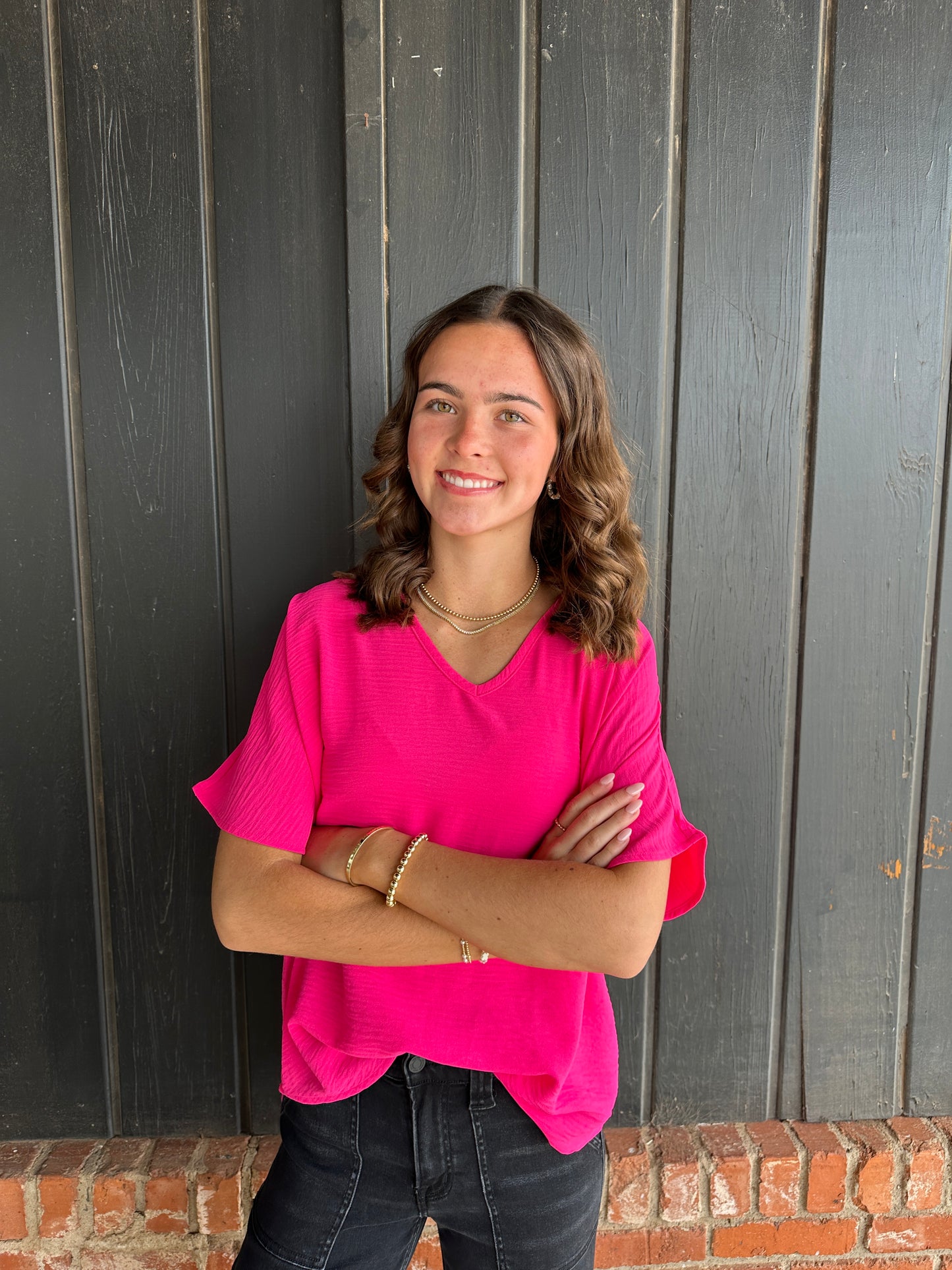 Hot Pink V Neck Top
