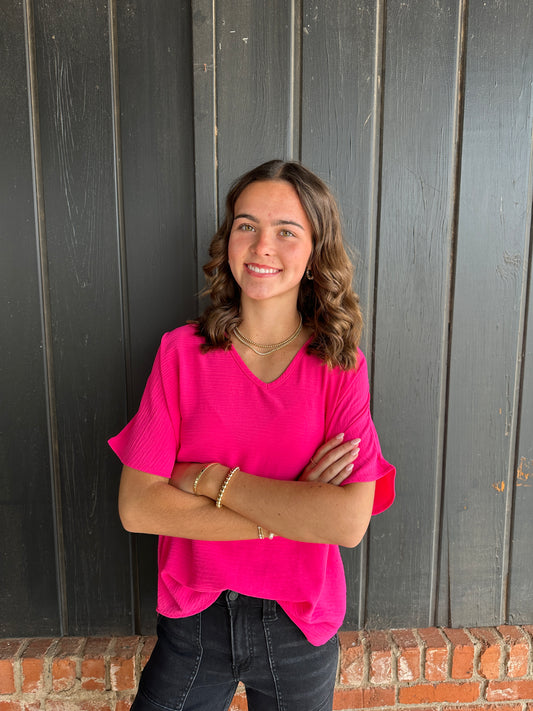 Hot Pink V Neck Top