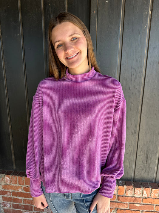 Purple Mock Neck Ribbed Top