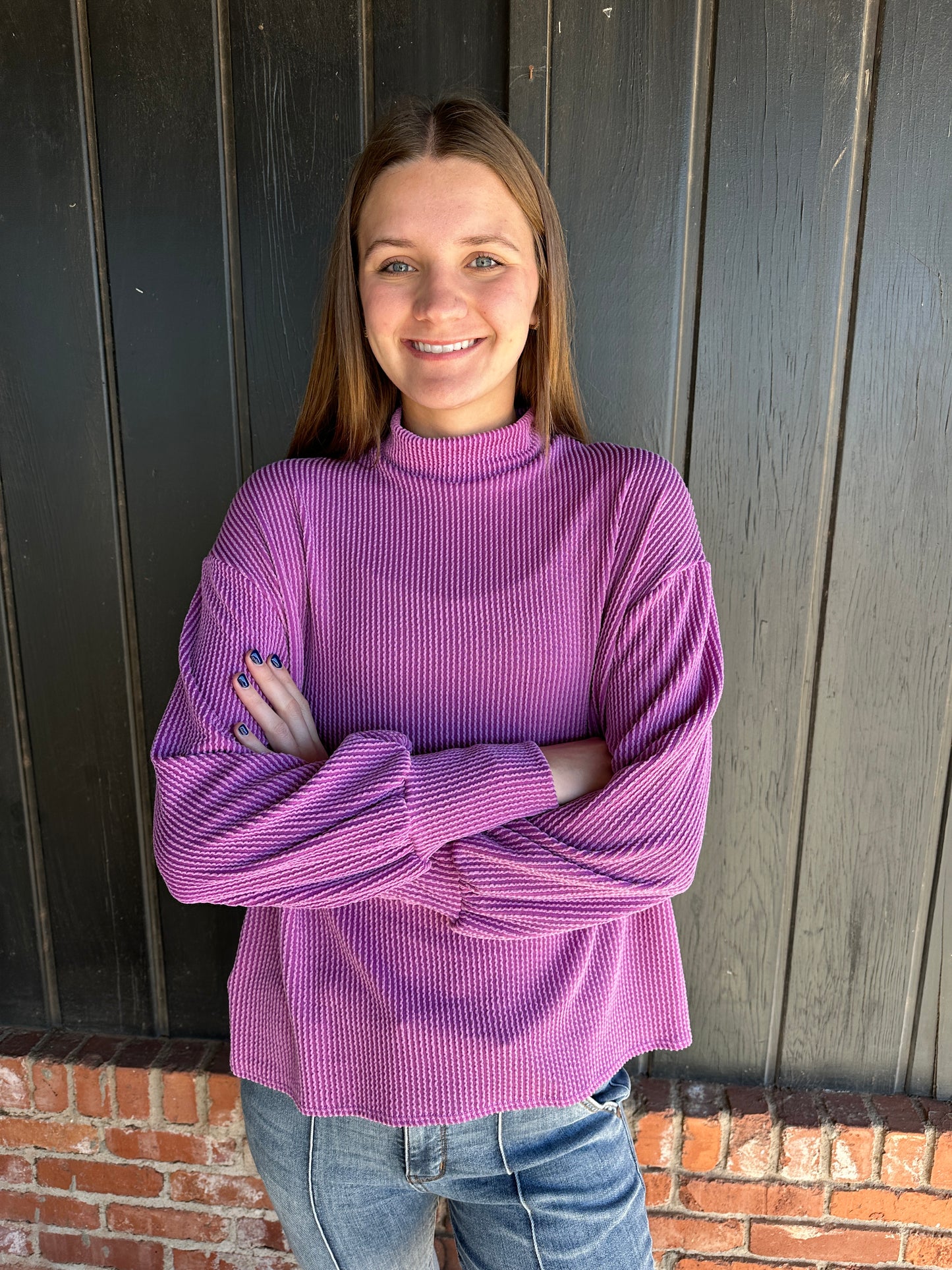 Purple Mock Neck Ribbed Top