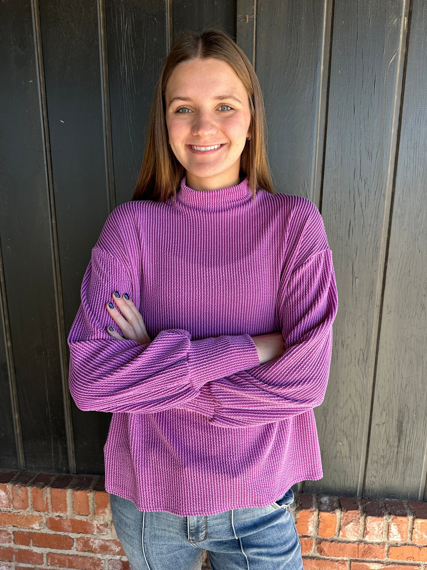 Purple Mock Neck Ribbed Top