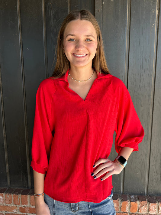 Red Collared V Neck Blouse